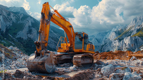 Excavator loads the ground in the stone crusher machine during earthmoving works outdoors at mountains construction site on sky with clouds in the background.