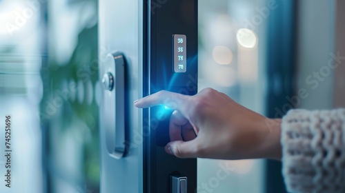 woman entering password on smart digital keypad door lock, ensuring room security and safety with modern electronic access control technology photo