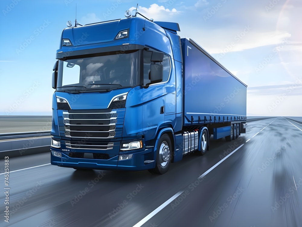 Logistics import export and cargo transportation industry concept of Container Truck run on highway road at sunset blue sky background with copy space, moving by motion blur effect