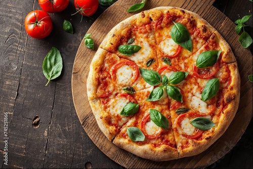 Margherita Pizza on a wooden chopping board 