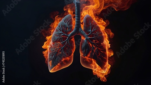 Human lungs burning with fire on dark background 