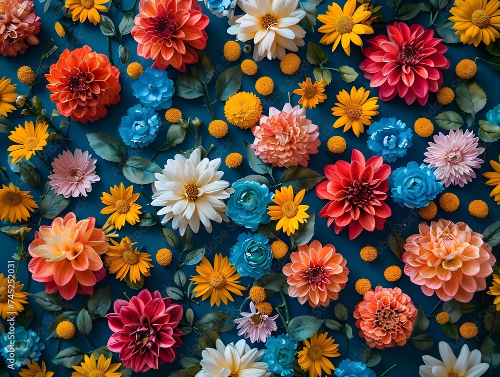 Colorful flowers pattern as background. asters, dahlias, calendula. Floral Greeting card. Nature trendy decorative design. Flat lay Colorful flowers pattern as background. asters, dahlias, calendula. Floral Greeting card. Nature trendy decorative design. Flat lay