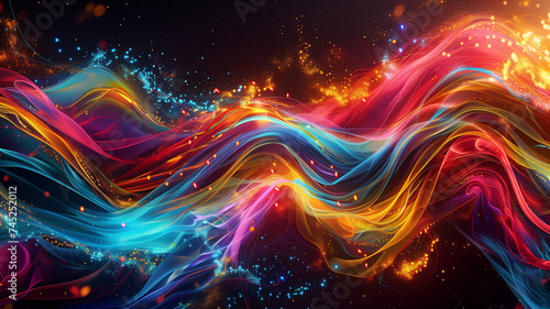 An artistic banner portraying dark abstract backgrounds against which neon-colored waves pulse and glow, evoking the visual energy of sound waves.