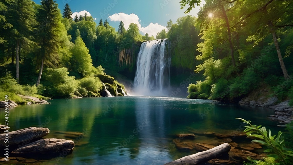 waterfall in the forest with mountains in the background 
