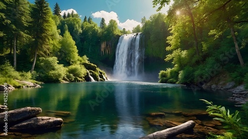 waterfall in the forest with mountains in the background 