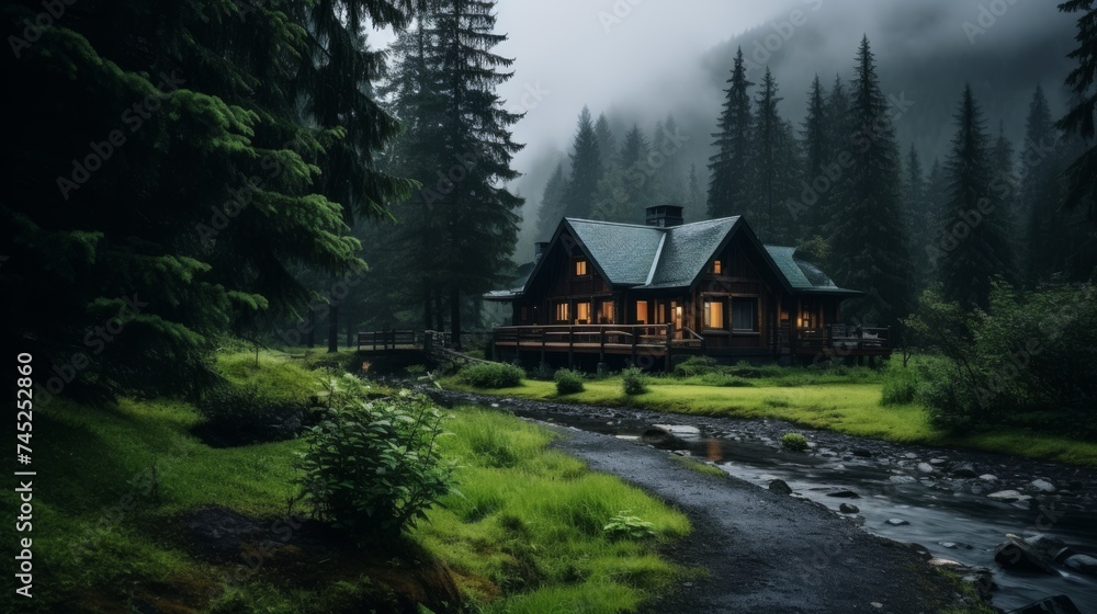 Wooden house in green nature