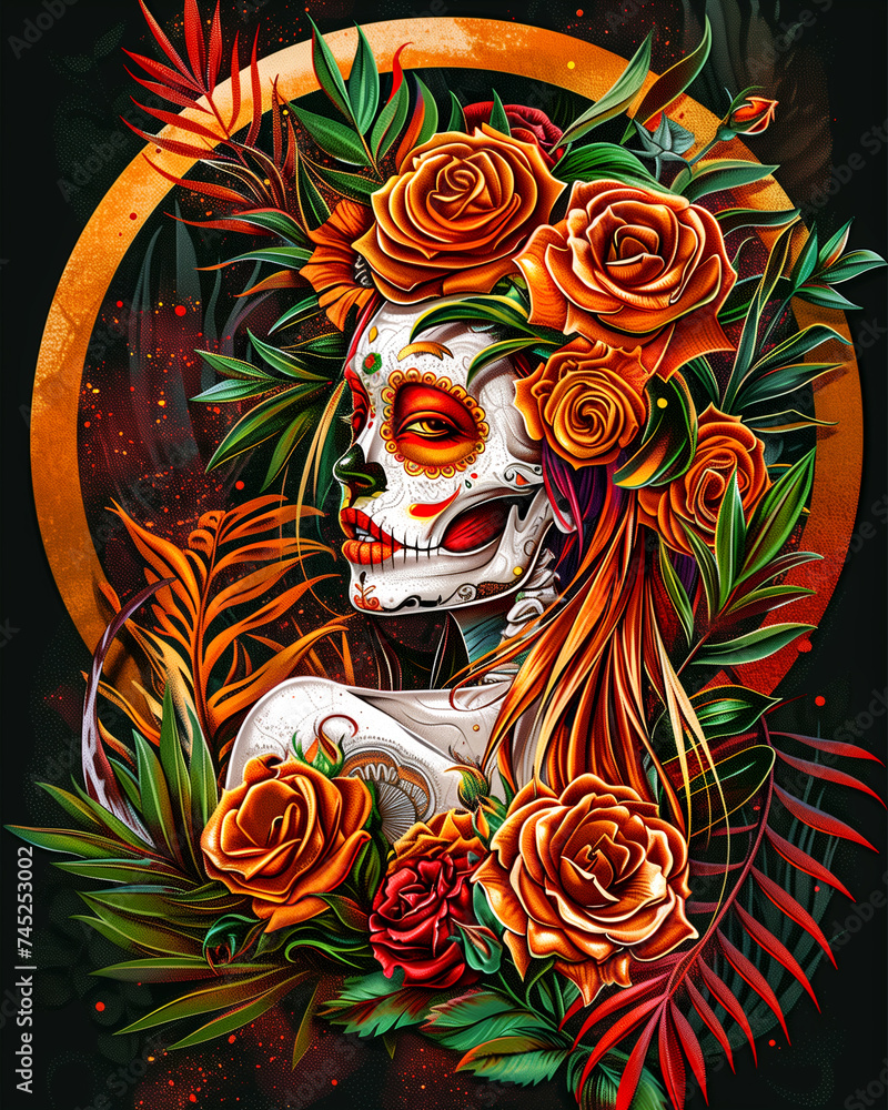 Design for t-shirt, card, wallpaper. Amazing colourful make-up on beautiful young woman. Day of the dead girls beautiful women with sugar skull makeup