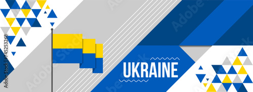 Ukraine national or independence day banner design for country celebration. Flag of Ukraine modern retro design abstract geometric icons. Vector illustration
 photo