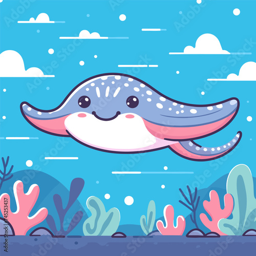 Stingray sails among the fish from ocean sea flat vector