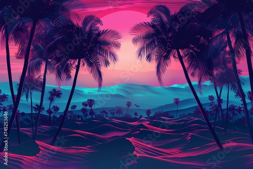 Vaporwave, synthase retro style neon landscape background with palms, sunset