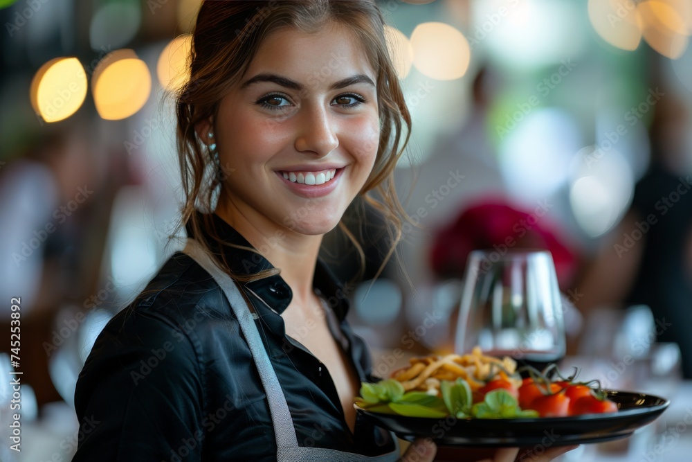 A smiling waitress serving a fresh, healthy salad at a vibrant restaurant, depicting quality service and nutrition.