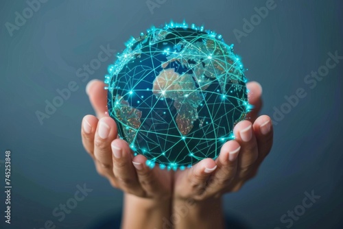 Hands cradling a luminous digital world map, conveying the concept of global connectivity, international relations, and technological reach.