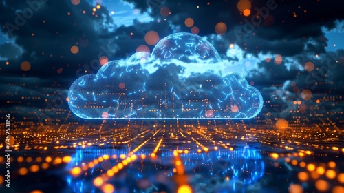 A futuristic representation of a glowing digital cloud network superimposed over a circuit board, symbolizing cloud computing and data technology.