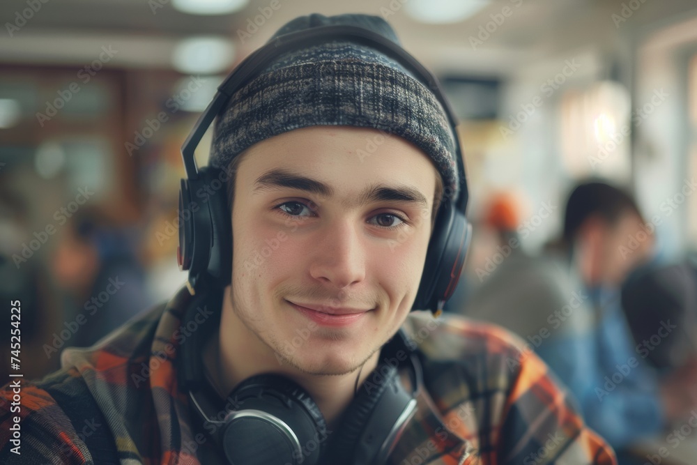 Smiling Young Male Student with Headphones and Beanie in Classroom Setting Smiling Young Male Student with Headphones and Beanie in Classroom Setting