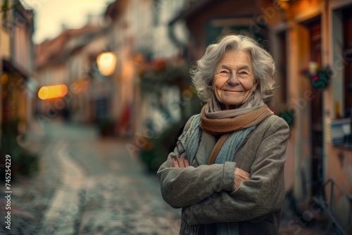 Smiling Elderly Woman with Crossed Arms in a Quaint Village Setting © bomoge.pl