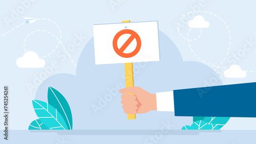 Protest banner. No answer choice, man hand holding placard with no sign, person say no vote. Hands holds protest banner. Disagreement, protest, complaint. Trendy illustration