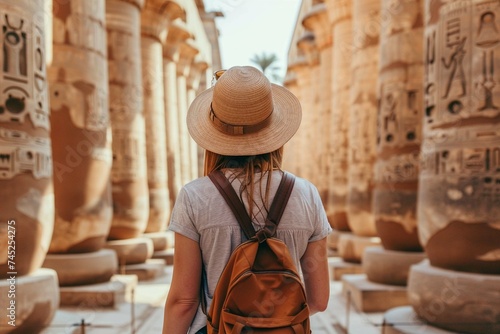 Woman traveler explores the ruins of the ancient Karnak temple in the city of Luxor in Egypt. Great row of columns with carved hieroglyph © Bilal