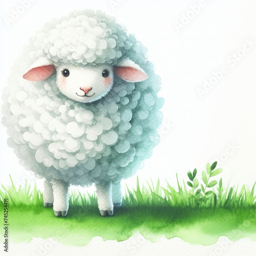 Cute baby lamb in watercolor style – Little sheep on green grass
