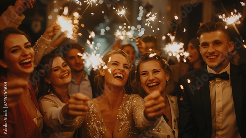 happy people holding sparklers at christmas or new year party