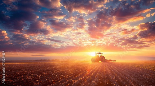 sunset farming scene with agricultural workers using tractors to plough field, rural agriculture landscape photo