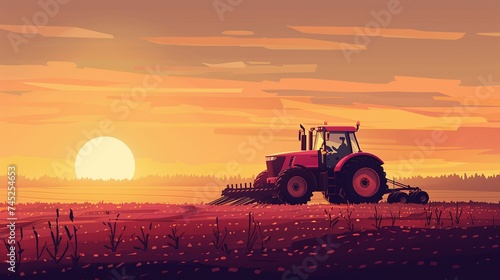 tractor ploughing field at sunset, agricultural workers working on farm machinery in countryside