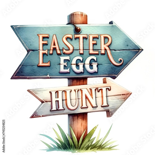 An illustration of an Easter egg hunt sign with an arrow, rendered in watercolor style.