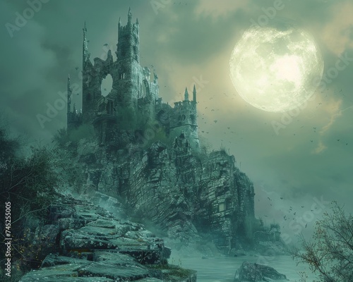 Gothic romance, moonlit castle ruins, love and mystery intertwined © AlexCaelus