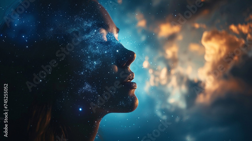 A woman's head containing the mystery to the universe. The vast fantasy world has no boundaries. photo