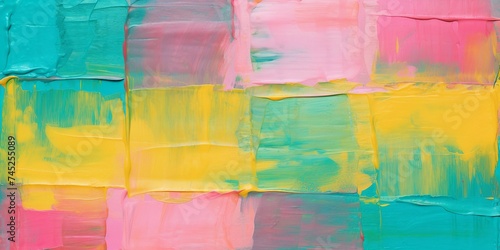 抽象油絵バナー・チェック柄風の横長背景）ピンク・黄色・緑のラフな筆跡