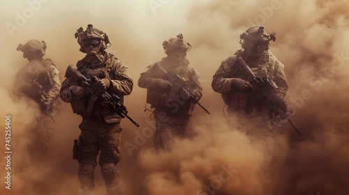Several modern soldiers fully equipped facing the camera in a dusty and smoggy environment