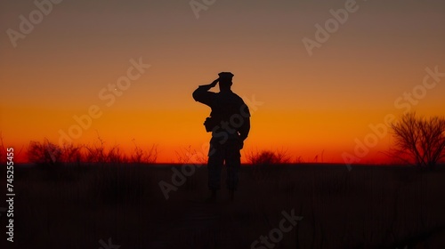 Silhouette of a soldier saluting at sunset, embodying respect, military honor, and patriotism in a serene evening backdrop © Mohsin