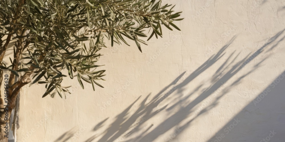 Fototapeta premium Mediterranean concept. Shadows of olive tree leaves, branches over white wall. Summer background, sunlight overlay, empty copy space.