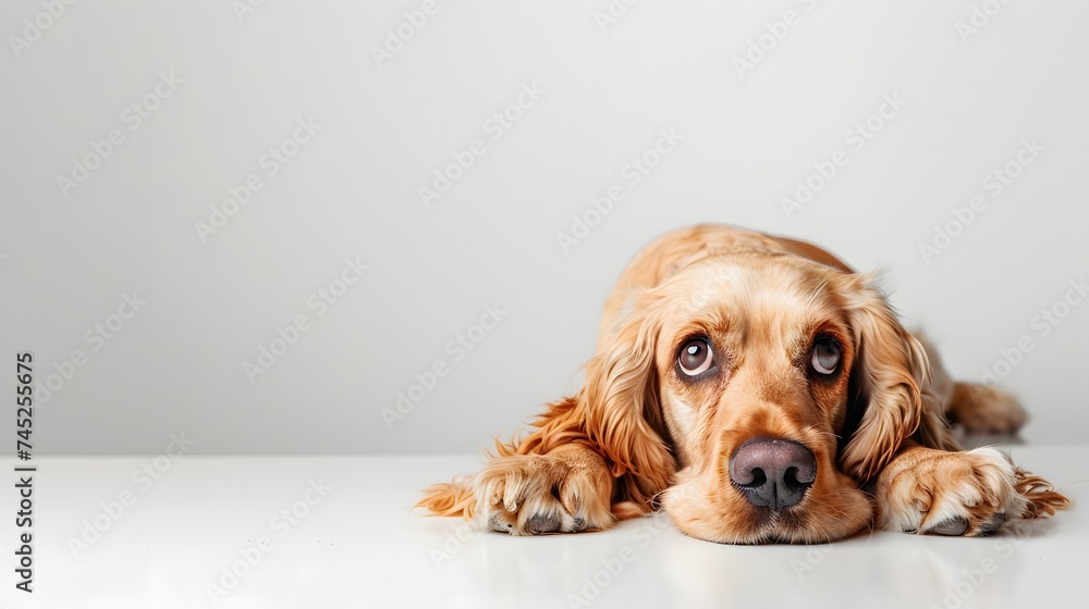 Golden cocker spaniel relaxing with face down on the studio floor