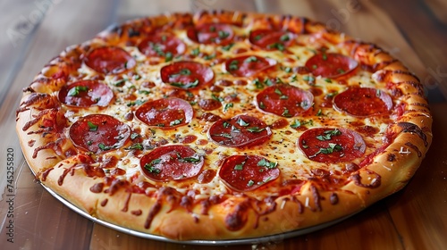 Pepperoni pizza on wooden table, classic fast food with Californiastyle twist