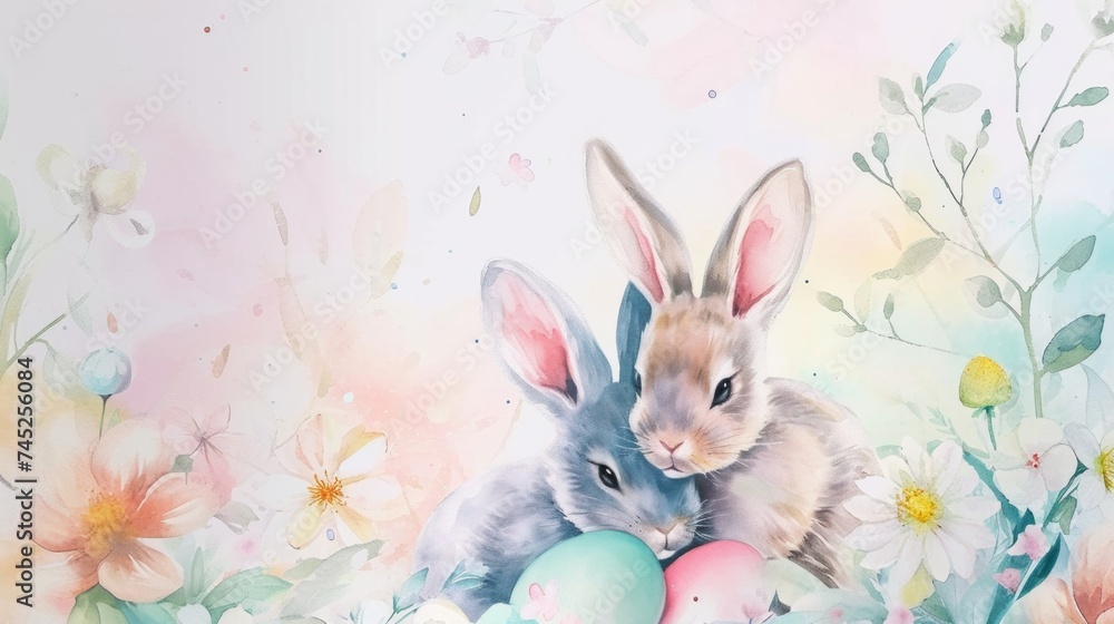 Watercolor Easter Card with Bunnies and Pastel Eggs Watercolor Easter Card with Bunnies and Pastel Eggs