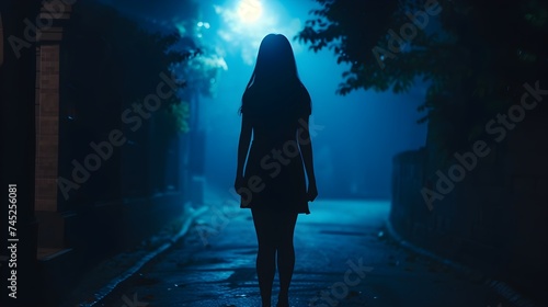 Silhouette of a young woman walking home alone at night   scared of stalker and being assault   insecurity concept