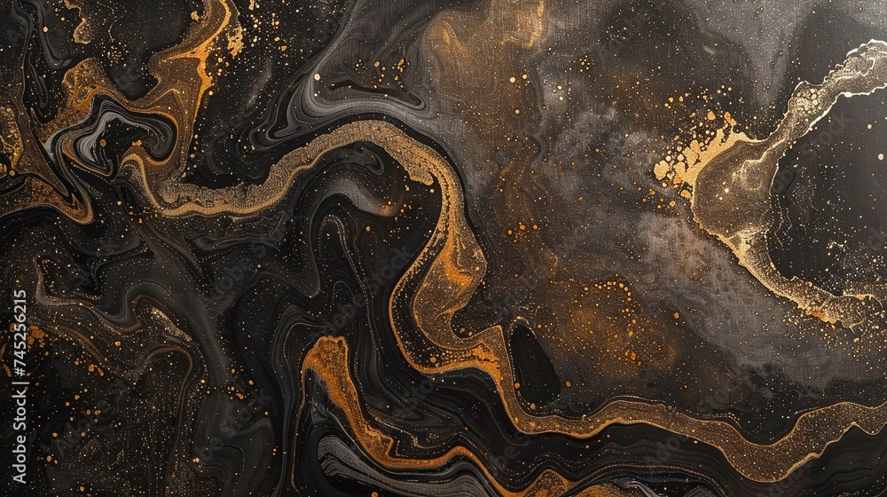 swirling metallic gold waves on black background, luxurious texture for contemporary fashion and modern art