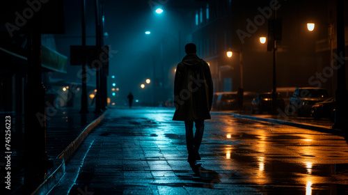 A lone figure traverses a fog-enshrouded street at night, embodying deep solitude and contemplation. This urban scene, bathed in mystery and calm, invites introspective journeys and quiet reflection.
