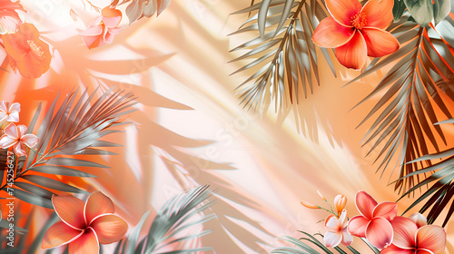 Floral Summer background in peach color with red flowers and palm leaves, sunlight and shadows of copy space