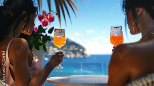 Two Women Toasting With Cool Drinks at a Picturesque Outdoor Setting