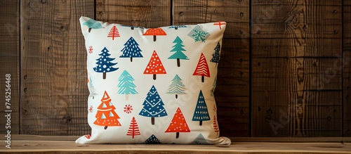 A Christmas tree patterned pillow is placed on a wooden table, creating a cozy and festive atmosphere. The pillow features green trees with red and gold accents. photo
