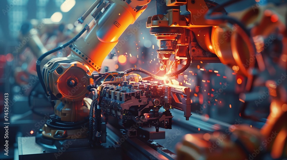 efficient factory operations, engineer supervising welding robotics, and automatic arms machine for streamlined automotive production - obrazy, fototapety, plakaty 
