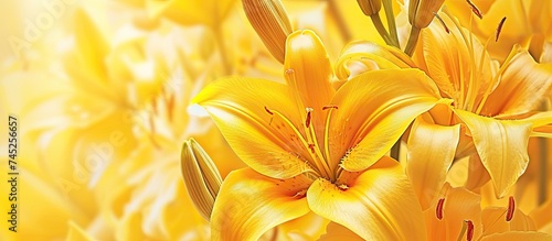 A cluster of bright yellow lily flowers is shown up close, displaying intricate details of their petals and stamens. The vibrant hues of yellow in the blooms create a striking visual impact. © TheWaterMeloonProjec