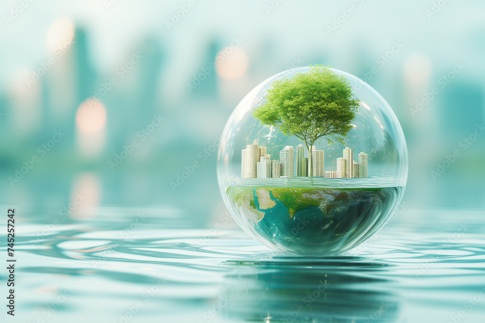 Large water drop in the shape of a balloon with tall houses inside on the surface of the water on the background of a blurred city with copy space. Concept of water resources protection. Large water drop in the shape of a balloon with tall houses inside on the surface of the water on the background of a blurred city with copy space. Concept of water resources protection.