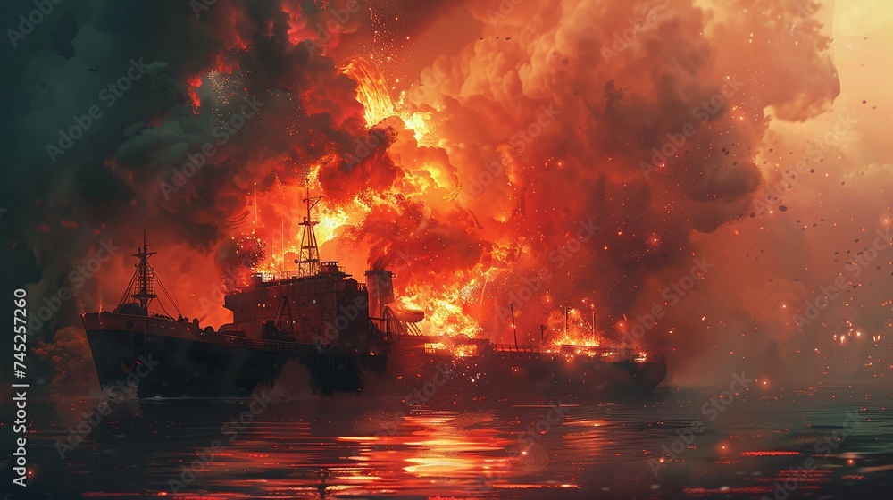 general cargo ship in fire, large explosion and smoke at sea, logistic import export goods disaster general cargo ship in fire, large explosion and smoke at sea, logistic import export goods disaster