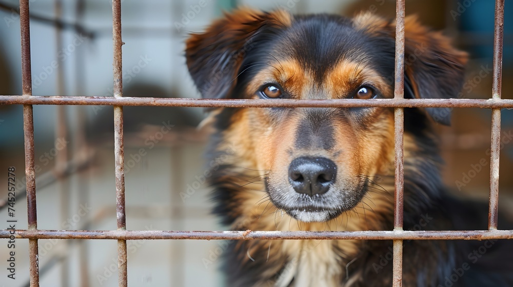 Stray homeless dog in animal shelter cage with a sad abandoned hungry ...