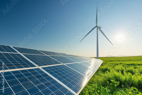 Solar panels and windmill against a green field on a bright sunny day. Green energy concept.