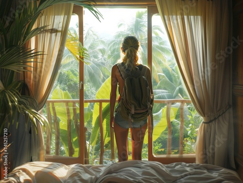Young Caucasian Woman with Backpack Admiring Jungle View from a Hotel Room Window © bomoge.pl