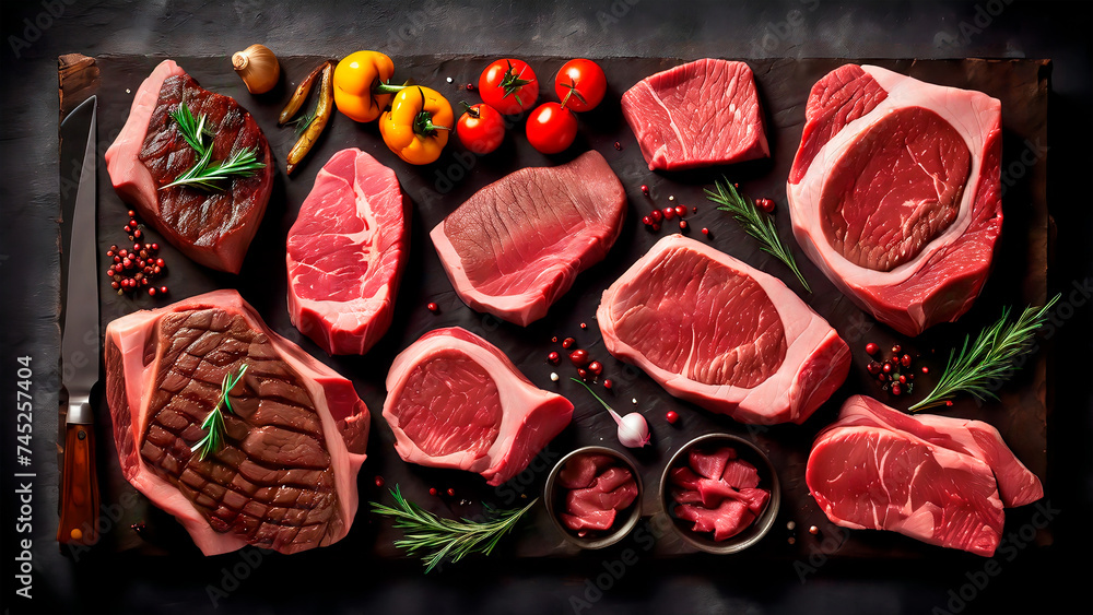 Sumptuous Symphony: A Captivating Culinary Canvas of Prime Beef Steaks and Luscious Raw Cuts on a Rustic, Dark Table Sumptuous Symphony: A Captivating Culinary Canvas of Prime Beef Steaks and Luscious Raw Cuts on a Rustic, Dark Table