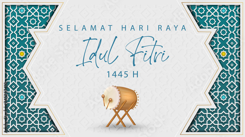 Translation : Happy Eid Al Fitr. Eid Mubarak Poster Design with Indonesian Drum (Bedug) and ketupat Vector Illustration